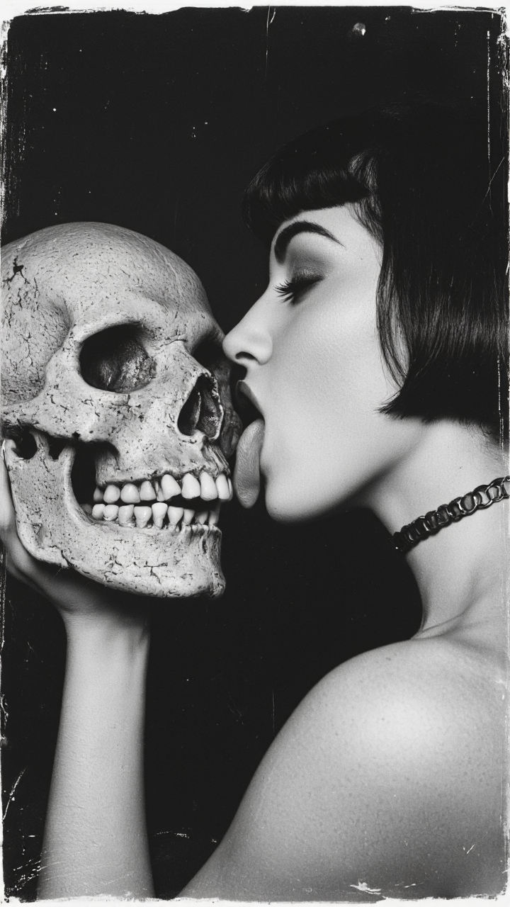 high-contrast, black and white photograph that exudes a gothic, macabre aesthetic. It features a close-up of a woman's face in profile, with her tongue extended and touching the eye socket of a skull. The woman has pale skin, full lips, and dark, thick eyelashes. Her hair is styled in a vintage, straight bob with bangs, and she wears a choker necklace. The skull, which is positioned slightly to the left, has a weathered, textured appearance with visible cracks and cavities, giving it a morbid, realistic quality. The background is dark and blurred, focusing attention on the intimate interaction between the woman and the skull. The photograph has a vintage, film-like texture, with visible scratches and graininess that add to the eerie atmosphere. The overall composition and lighting emphasize the macabre and sensual elements, blending horror with eroticism. The image is likely intended to evoke a sense of dark fascination and mystery.,aidmaimageupgrader, aidmaMJ6.1 <lora:aidmaMJ6.1-FLUX-v0.5:0.7> <lora:aidmaImageUprader-FLUX-v0.3:0.4>