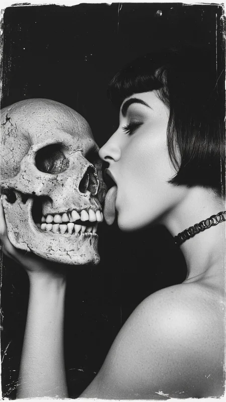 high-contrast, black and white photograph that exudes a gothic, macabre aesthetic. It features a close-up of a woman's face in profile, with her tongue extended and touching the eye socket of a skull. The woman has pale skin, full lips, and dark, thick eyelashes. Her hair is styled in a vintage, straight bob with bangs, and she wears a choker necklace. The skull, which is positioned slightly to the left, has a weathered, textured appearance with visible cracks and cavities, giving it a morbid, realistic quality. The background is dark and blurred, focusing attention on the intimate interaction between the woman and the skull. The photograph has a vintage, film-like texture, with visible scratches and graininess that add to the eerie atmosphere. The overall composition and lighting emphasize the macabre and sensual elements, blending horror with eroticism. The image is likely intended to evoke a sense of dark fascination and mystery.,aidmaimageupgrader, aidmaMJ6.1 <lora:aidmaMJ6.1-FLUX-v0.5:0.7> <lora:aidmaImageUprader-FLUX-v0.3:0.4>