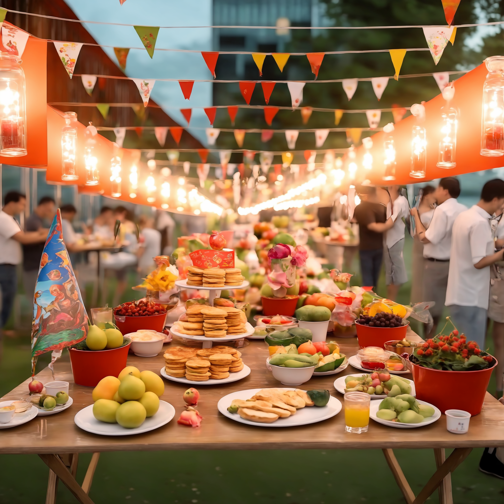 A large outdoor buffet scene, with tables laden with delicious food, snacks, flags, and adorned with hanging lanterns. The setting could be a festive gathering, garden party, or outdoor celebration, with guests mingling and enjoying the feast. The scene should be as realistic as a high-resolution photograph, with warm and inviting lighting that highlights the abundance of food and the decorative elements, creating a joyful and welcoming atmosphere,<lora:buybuy3:0.75>, BestQuality / (extremely detailed CG unity 8k wallpaper), best quality, masterpiece , hdr, best quality, ultra highres