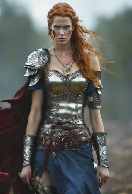 nbn-freyja, woman, auburn hair, long hair, braid, blue eyes, jewelry, necklace, blood on face, armor, looking at viewer, shoulder armor, realistic, hand on own chest, ring, close up