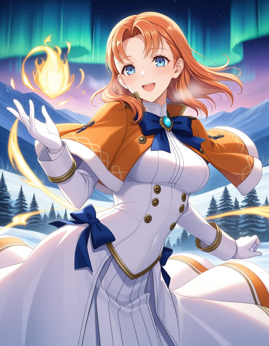 (k0m0r1), <lora:1_illu_komori_kei_9e:1>, 1girl, annette_fantine_dominic (post timeskip), fire emblem, orange hair, blue eyes, medium hair, parted bangs, orange capelet, brooch, blue bow, white gloves, long gloves, white dress, blue sleeves, smile, open mouth, magic, fjord, snow, aurora, (masterpiece, best quality, amazing quality),