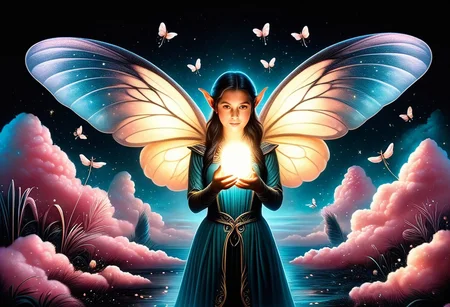 A surreal dark scene, completely black background. A single elf stands front and center, her face softly illuminated by a glowing firefly cupped in her hands. The firefly emits golden-yellow light. Around her, more subtle faces of elves emerge from the darkness—only barely visible, revealed by scattered fireflies. Some fireflies glow yellow, others emit soft blue light. The fireflies look realistic, with small transparent wings and glowing abdomens. The lighting is minimal: only the fireflies cast light. The composition feels symbolic, like a silent protest, each light a whisper in the dark. Cinematic lighting, mystical and quiet, high contrast, chiaroscuro.Style tags: ultra dark, symbolic, dramatic lighting, chiaroscuro, cinematic composition, emotional storytelling
Style tags:
hyperrealistic, full body, candycore, fantasy, pastel aesthetic, dreamy, ultra detail, fairy tale, vibrant lighting, soft clouds
cottoncandy, Jed-mrbl, hkmagic
