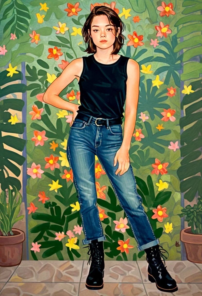 RebeccaFerguson, DreamlikeIllustration photo full body portrait of young woman, pose for pop-rock album cover, hands in pockets, slim body, smooth skin, short hair,, smirk, wearing a black sleeveless t-shirt and jeans, boots, outlined silhouette, vignette, pro studio lighting, Kodak film, dimly lit complex painted floral pattern background, (by Jacob Hashimoto:1.2), (by Annie Leibovitz)