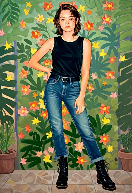 RebeccaFerguson, DreamlikeIllustration photo full body portrait of young woman, pose for pop-rock album cover, hands in pockets, slim body, smooth skin, short hair,, smirk, wearing a black sleeveless t-shirt and jeans, boots, outlined silhouette, vignette, pro studio lighting, Kodak film, dimly lit complex painted floral pattern background, (by Jacob Hashimoto:1.2), (by Annie Leibovitz)