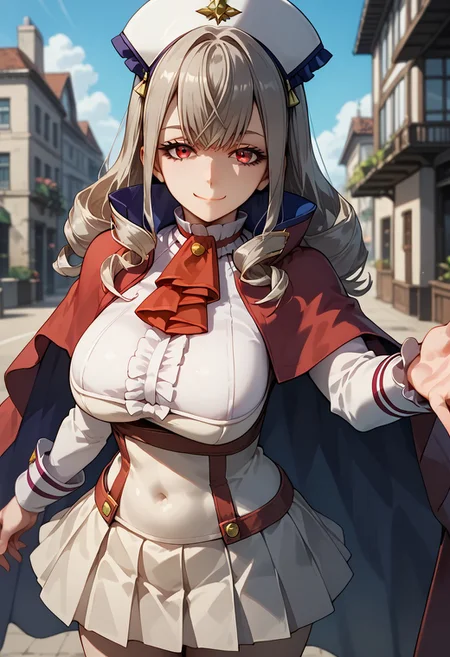 score_9,score_8_up,score_7_up,source_anime, Sophia Keren,1girl,solo,breasts,looking at viewer,smile,large breasts,skirt,long sleeves,hat,closed mouth,pleated skirt,frills,cape,ascot,covered navel,white skirt,outstretched arm,red ascot