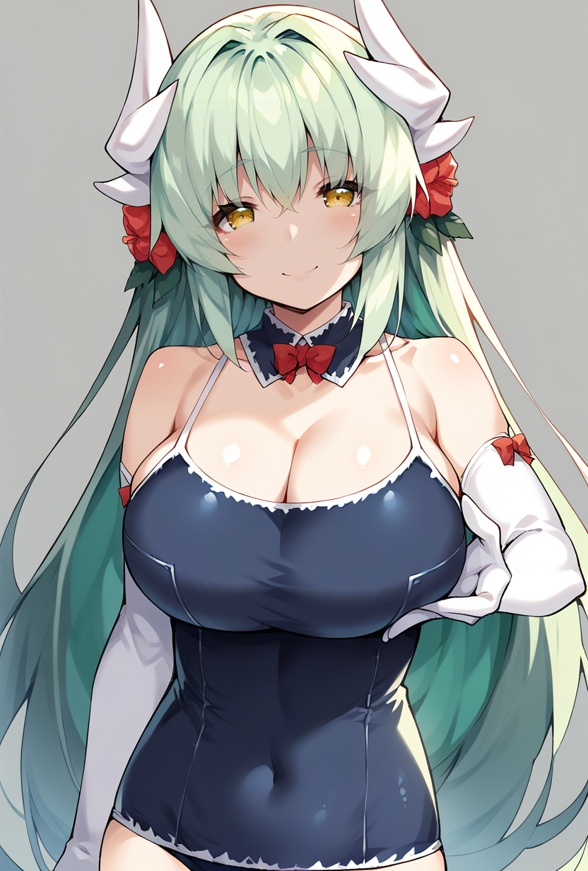 score_9,score_8_up,score_7_up,score_6_up,score_5_up,score_4_up, source_anime,  <lora:kiyohime_(lancer)_XL_1:1>  bbkiyo, long hair, green hair, white horns, hair flower, yellow eyes, detached collar, cleavage, school swimsuit, blue one-piece swimsuit, elbow gloves, white gloves, sash, blush, smile,   huge breasts, undersized clothes <lora:Sky-Freedom-Style-PonyXL-Dora-000012:1>