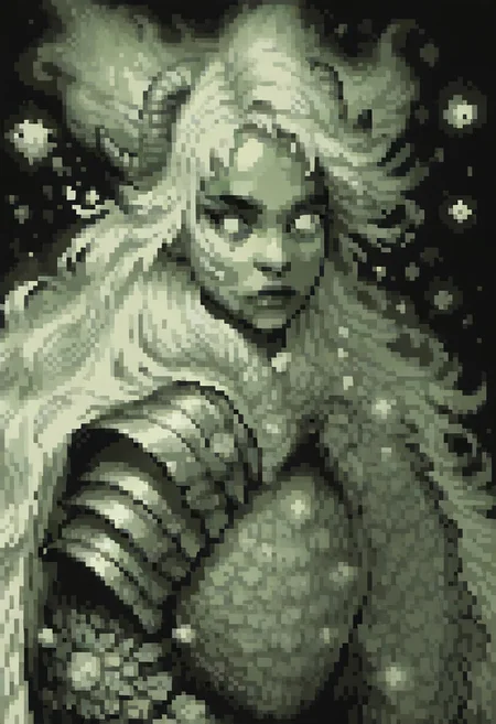 score_9,score_8_up,score_7_up
solo, 1girl, 
parted lips, thick lips, 
eyes, perfect eyes, glowing pupils, black eyes, 
horns, huge horns
long hair, white hair, floating hair, 
armor, pauldron, 
magic, swirling magic, enchanted armor, 
Green theme, monochrome, pixel, pixel art,