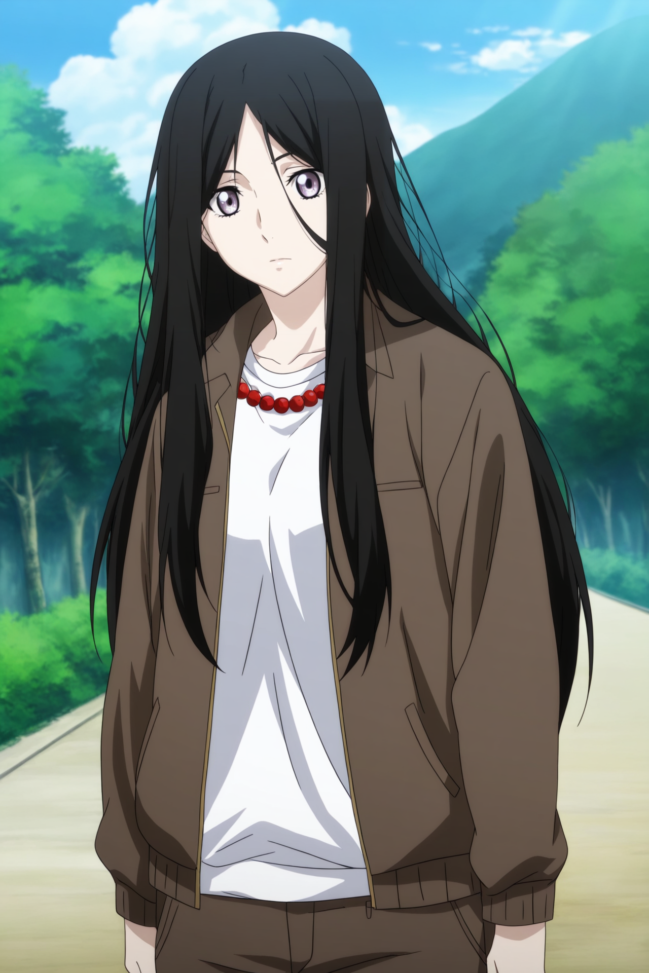 anime screencap,anime coloring,detailed face,masterpiece,best quality,very aesthetic,absurdres,volumetric lighting,official style,amazing quality,ultra detailed,highres,scenery,beautiful detailed hair,beautiful detailed eyes,official anime artwork,<lora:FengBaoBao S2-IL V1:1>,Feng Bao Bao,1girl,solo,long hair,black hair,outdoors,looking at viewer,standing,NaDouTong Temporary worker uniform,brown jacket,long sleeves,jacket pocket,brown pants,white shirt,Red Buddha bead necklace,Blue and white shoes,