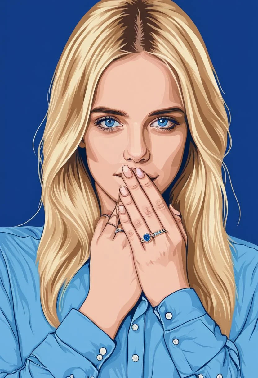 psztzz, 1girl, solo, blonde hair, blue eyes, ring, jewelry, long hair, lips, shirt, looking at viewer, own hands together, portrait, vector art, flat coloring, cel shaded, cel shading, illustration, vector illustration, vector coloring