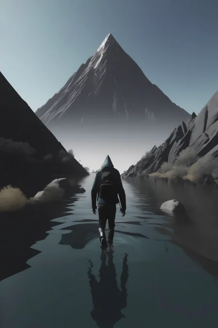 <lora:Parralel Dimensions:1>Parralel Dimensions - a person walking through a body of water with a mountain in the background
