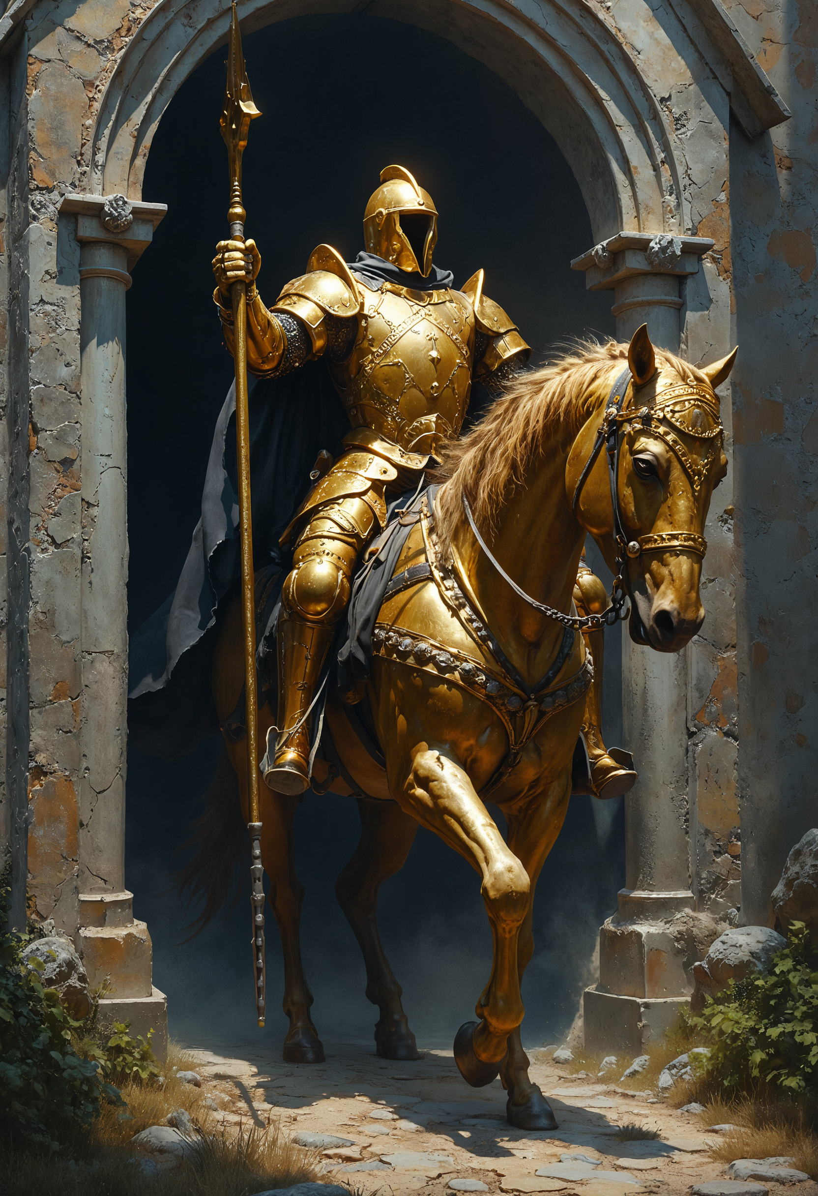 A towering knight clad in gleaming golden armor, wielding a halberd and shield, mounted on a formidable armored steed, patrols the grounds of a weathered church. This scene is depicted in stunning detail, resembling an ultra-realistic dark fantasy painting. The knight's intricate armor shines with a majestic luster, contrasting with the somber backdrop of the ancient church. The artist's attention to realism and dark ambiance immerses the viewer in a world of fantasy and mystery, making this image truly captivating.