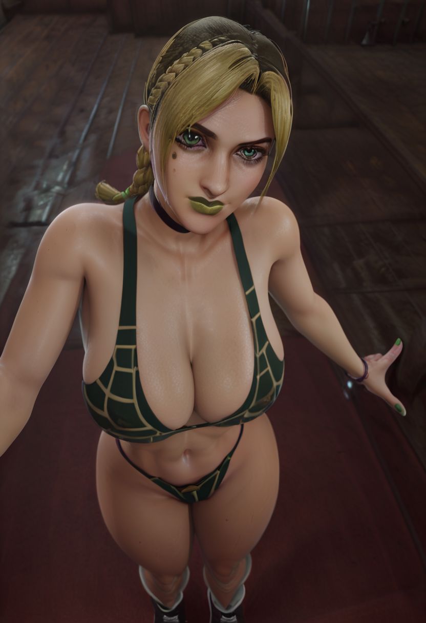 score_9, score_8_up, score_7_up, score_6_up, score_5_up, score_4_up, closed mouth, BREAK solo,  large breast, thick thighs,   simple background,  negative_hand,   X3dCE, 3d,  looking at viewer,  OverallDetail,   realistic, ultra realistic, multicolor hair, braided hair, makeup, green lipstick, joylne cujoh, clothed, full body shot, standing, able to see stomach