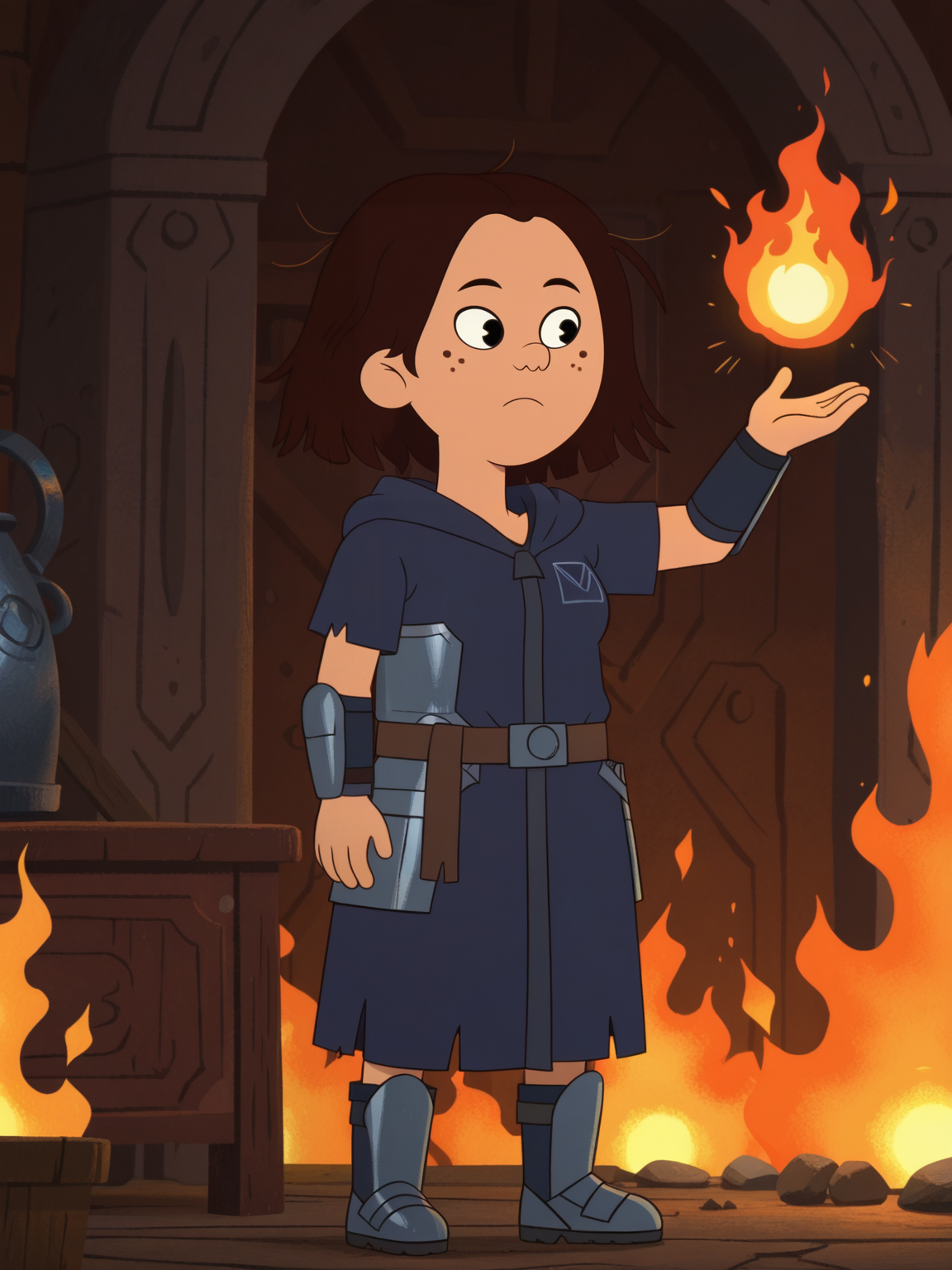 <lora:ThaoIL:0.8> _o, 1girl, short hair, brown hair, black eyes, freckles,
magic, magic robe, steel armor,glowing liens, fireball, action, full body, glowing background, magic background