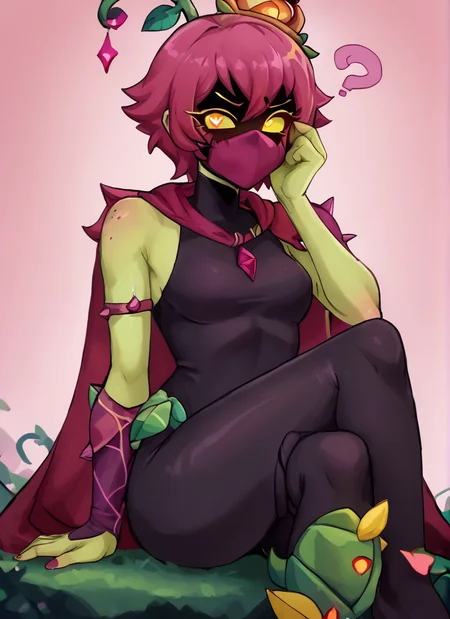 score_9, score_8_up, score_7_up, <lora:lilyxl:1>bslily 1girl green skin , yellow eyes, shaded face, no mouth, pink hair , shaded face, ,pink mouth mask, plant gir ,,sleveless , black bodysuit , asymmetrical sleeves, purple sleeve , cape , sit , looking at viewer, ,(confused:1.2), solo simple background, <lora:Kittew-4RCH0N:1>heart-shaped pupils,