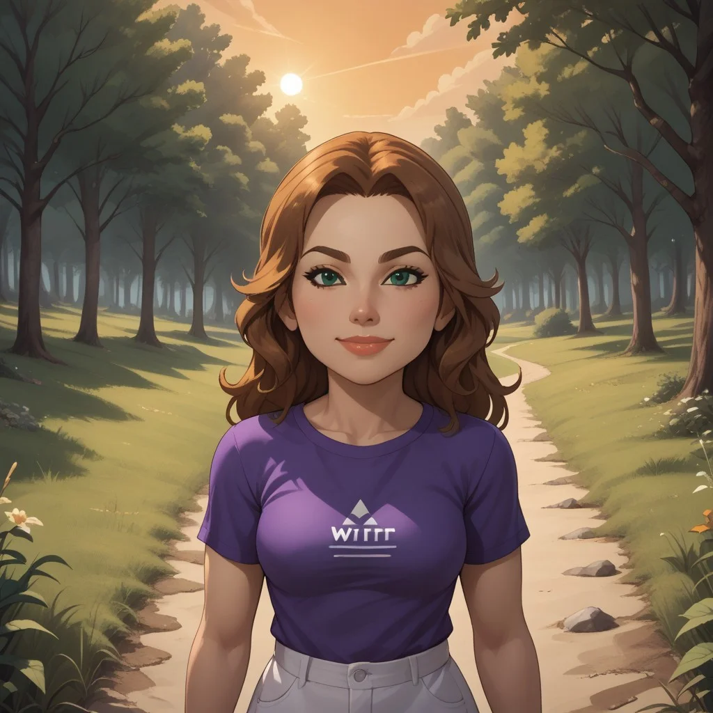score_9, score_8, BREAK, solo, wii, mii, wii sports, 1girl, female mii, brown hair, green eyes, brown eyebrows, blush, lips, purple clothing, white pants, barefoot, breasts, nintendo mii, modern_mii, classic_mii, Jane_(Wii_Fit), sexy pose, self portrait, smile, outdoors, sunlight, shadows, evening lighting, natural lighting, forest, trees, grass, orange sky, sunset