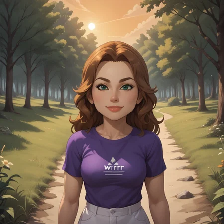 score_9, score_8, BREAK, solo, wii, mii, wii sports, 1girl, female mii, brown hair, green eyes, brown eyebrows, blush, lips, purple clothing, white pants, barefoot, breasts, nintendo mii, modern_mii, classic_mii, Jane_(Wii_Fit), sexy pose, self portrait, smile, outdoors, sunlight, shadows, evening lighting, natural lighting, forest, trees, grass, orange sky, sunset