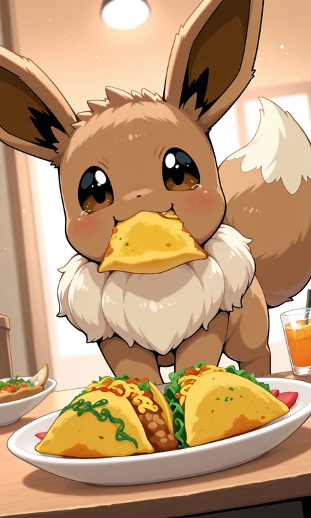embedding:IllusP0s, eevee_\(pokemon\), animal focus, cute, no humans, eating tacos, happy, taco, mexican food,<lora:g00se_v2_ill.safetensors:0.5:0.5>