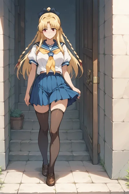 score_9, score_8_up, score_7_up, masterpiece, best quality,
<lora:pony_good_hands:0.5>, good_hands,
1girl, mature female,
large breasts, wide hips,
<lora:YuriKashima:0.7> YuriKashima, hair ribbon, twin braids,
serafuku, yellow neckerchief, black thighhighs, skirt, loafers,
