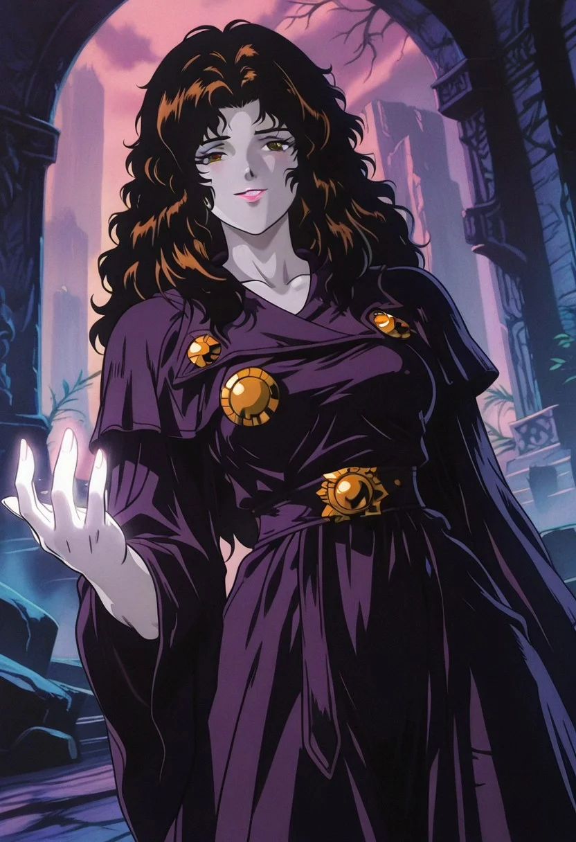 RemiMasudaCCO808, 1girl, solo, vampire, dark brown hair, curly hair, thick hair, long hair, brown eyes, nose, pink lips, eyelashes, collarbone, large breast, dark purple cloak, long wide sleeves, white dress under cloak, large golden buttons, collar,
,seductive pose, sexy pose, tease,
masterpiece, best quality, ultra-detailed, very aesthetic, detailed background, very aesthetic, newest, scenery, highres, 4k, absurdres, 8k, colorful,vibrant, glowing, perfect face, 2d, perfect eyes, detailed eyes,
masterpiece, best quality, ultra-detailed, very aesthetic, newest, scenery, absurdres, perfect anatomy, , perfect face, perfect eyes, mature body, clear eyes, beautiful eyes, athletic, curvy body, athletic girl, perky tits, perfect tits, round breasts, pinup pose, teasing, lustful expression,
muscular female, dutch angle,
naughty smile,
,detailed lips,Smooth Negative, highres, absurdres, uncensored,dark_fantasy_style, dark fantasy, retro,