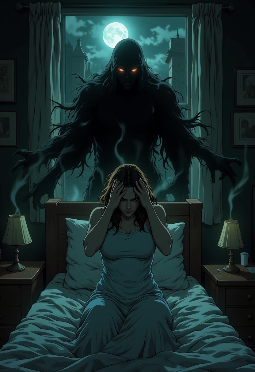 illustration, cartoon, manga, drawing, anime, egmid, 
A terrified woman sits upright in bed, clutching her head with trembling hands, as an oppressive atmosphere fills the dimly lit room. Pale moonlight filters through the window, casting cold shadows on her disheveled sheets. Above her, a menacing, shadowy figure looms, its dark, wispy form blending into the surrounding darkness. Glowing, sinister eyes pierce through the gloom, fixating on the distressed woman with an unsettling intensity. The air around the figure swirls with ethereal tendrils of mist, adding to the eerie, supernatural presence. The scene radiates dread and despair, as the nightmarish apparition engulfs the room, leaving the woman frozen in fear and helplessness.