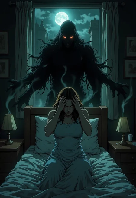 illustration, cartoon, manga, drawing, anime, egmid, 
A terrified woman sits upright in bed, clutching her head with trembling hands, as an oppressive atmosphere fills the dimly lit room. Pale moonlight filters through the window, casting cold shadows on her disheveled sheets. Above her, a menacing, shadowy figure looms, its dark, wispy form blending into the surrounding darkness. Glowing, sinister eyes pierce through the gloom, fixating on the distressed woman with an unsettling intensity. The air around the figure swirls with ethereal tendrils of mist, adding to the eerie, supernatural presence. The scene radiates dread and despair, as the nightmarish apparition engulfs the room, leaving the woman frozen in fear and helplessness.