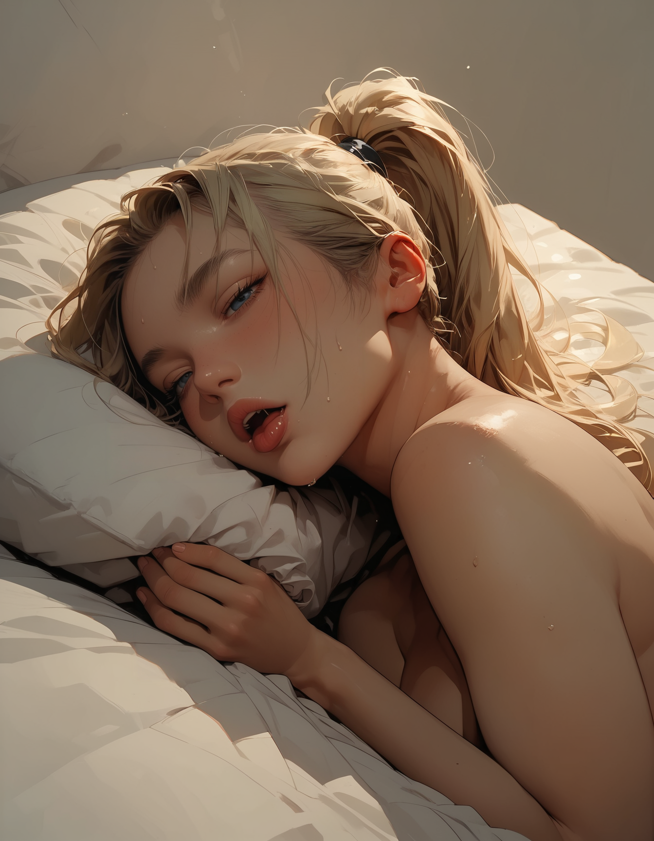 score_9, score_8_up, score_7_up, score_7, score_6_up, score_5_up, reij-nmrt, a nude woman, blonde, ponytail, long hair, lying on bed, masturbating, moan, looking to viewer, close up  <lora:artstyle-000008:1>