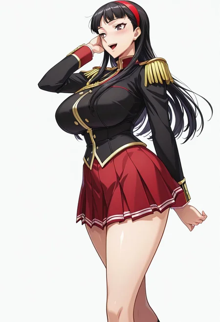 score_9,score_8_up,score_7_up,source_anime,5_figner,2d_animation,game cg,BREKE,1girl,solo,
p4amagi, Amagi Yukiko, long hair, black hair, bangs,
school uniform,pleated skirt,epaulettes,red skirt,long sleeves,black uniform,aiguillette,
smile,blush,openmouth,cowboyshot,
huge breasts,thick hips,thick thighs,thick waist,disproportionate breasts,standing,
curves,glamour,
simple background,white background,
masterpiece,best qualit,ultra-detailed,illustration,an extremely delicate and beautiful,beautiful detailed eyes,unity 8k wallpaper,high resolution,anime CG,official_art,Erotic_style,