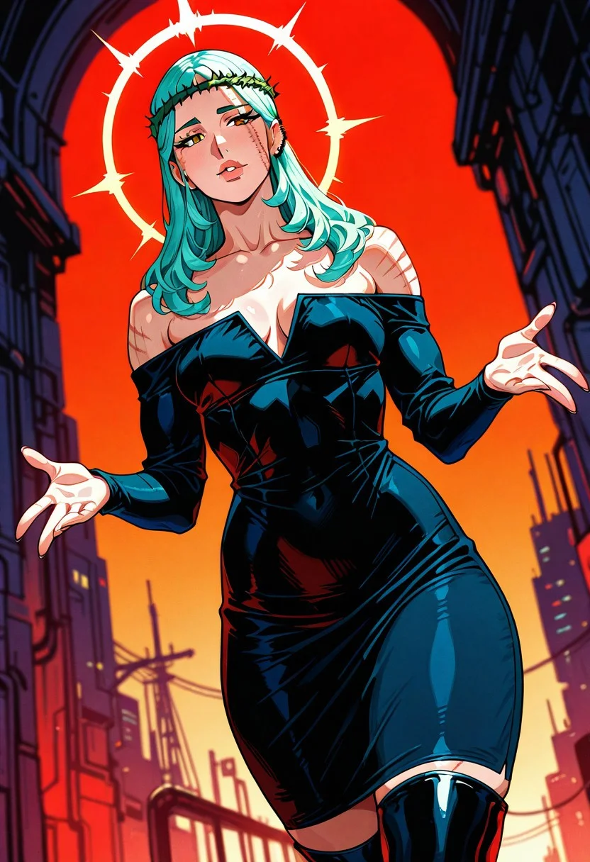 MorenaPrudoHxH, 1girl, solo, tall woman, slim woman, almond-shaped brown eyes, long hair, dark blue hair, piercings left ear, two parallel scars on face, puffy lips, green crown of thorns, collarbone, large breast, bare shoulders, shoulder-less dress, dark dress, tight dress, long sleeves, thick thigh, black boots,
,seductive pose, sexy pose, tease,
masterpiece, best quality, ultra-detailed, very aesthetic, detailed background, very aesthetic, newest, scenery, highres, 4k, absurdres, 8k, colorful,vibrant, glowing, , 2d, perfect eyes, detailed eyes,
masterpiece, best quality, ultra-detailed, very aesthetic, newest, scenery, absurdres, perfect anatomy, , perfect face, perfect eyes, mature body, clear eyes, beautiful eyes, athletic, curvy body, athletic girl, perky tits, perfect tits, round breasts, pinup pose, teasing, lustful expression,
muscular female, dutch angle,
,detailed eyes,Smooth Negative, highres, absurdres, uncensored, retro_artstyle, retro, cyberpunk