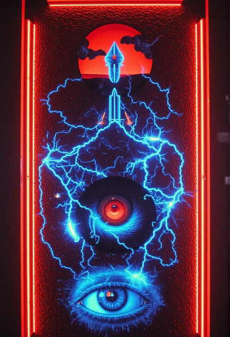 Slot machine graphics from front view . Disturbing scenes of addiction, people injecting drugs heroin, white powder, drinking alcohol smoking cigarettes. very strange surrealist style with holographic vortex featuring swirls of holotropic colour and glowing eyes wet distorted factory shot. On the television sets are glowing hands, with electricity coming off the finger tips. swirling around