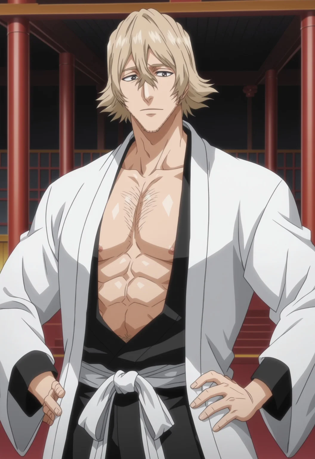 safe_pos, safe_pos, safe_pos, score_9, score_8_up, rating_nsfw, ultra hd, absurdres, best quality, ultra quality, masterpiece, masculine, solo, 1boy, male focus, best anatomy, best eyes, best hands, sexiest man alive, erotic, gay porn, hand with five fingers, mature male, anime screencap
BleachUrahara, blonde hair, stubble, white coat, haori, japanese clothes, anime screencap, chest hair, Japanese temple background, hands on hip, Expressiveh, open eyes, nipples