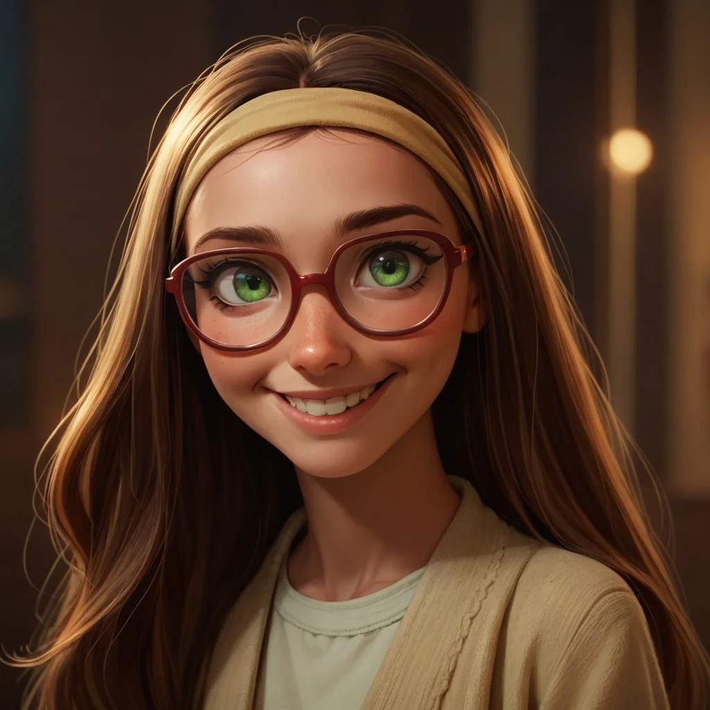 score_9, score_8_up, score_7_up, score_6_up, score_5_up, score_4_up, 1girl, Hon_Lem, Glasses, smiling, green eyes, portrait
