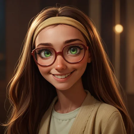 score_9, score_8_up, score_7_up, score_6_up, score_5_up, score_4_up, 1girl, Hon_Lem, Glasses, smiling, green eyes, portrait