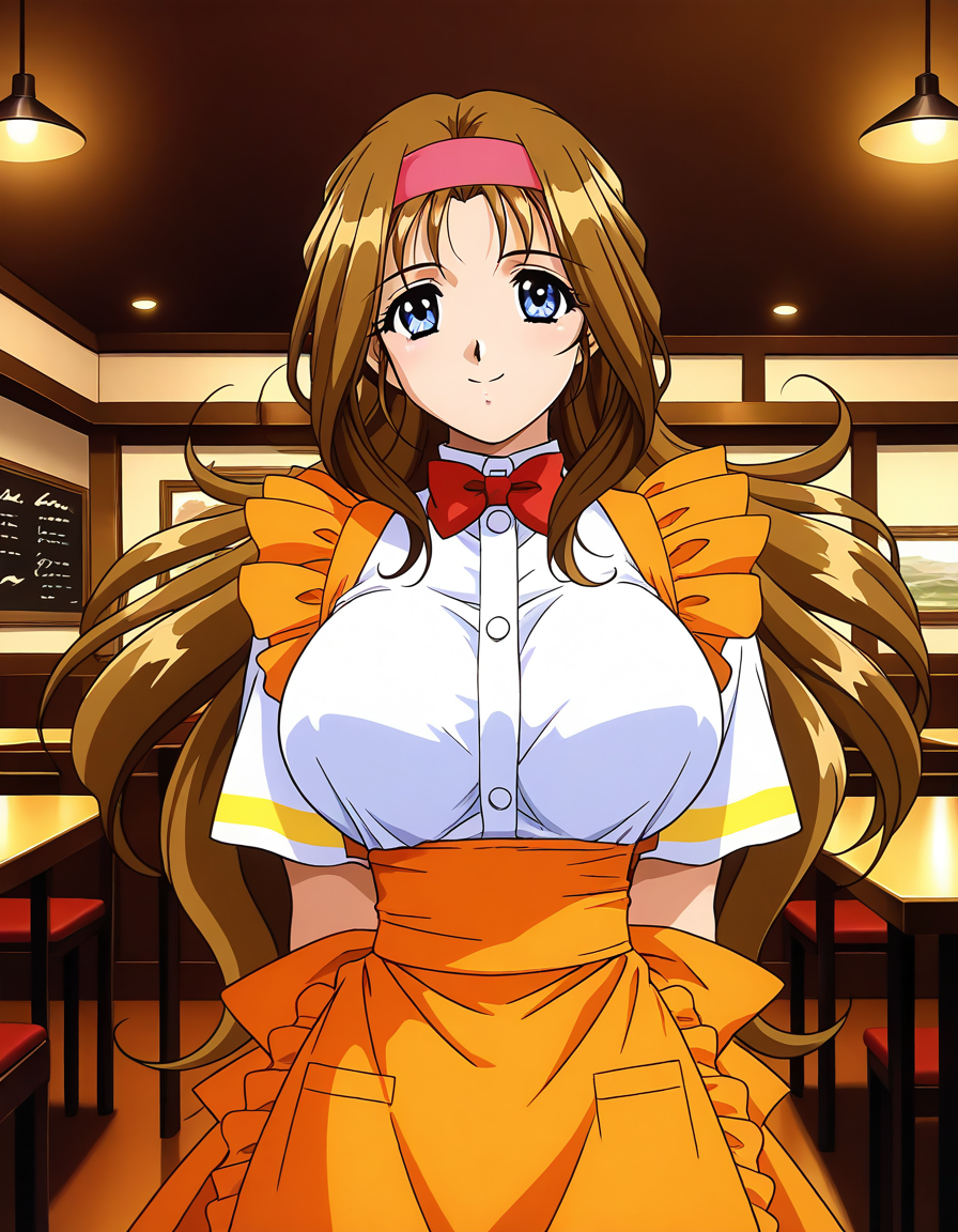 general,highres, ultra-detailed,very aesthetic,best quality ,best hands,  BREAK <lora:Kokubo_Reika_OVA_IS:1>
Kokubo_Reika_OVA, brown hair, long hair, blue eyes, large breasts, 1girl, solo, hairband, waitress, bow, smile, orange apron, BREAK,
 restaurant, room,
