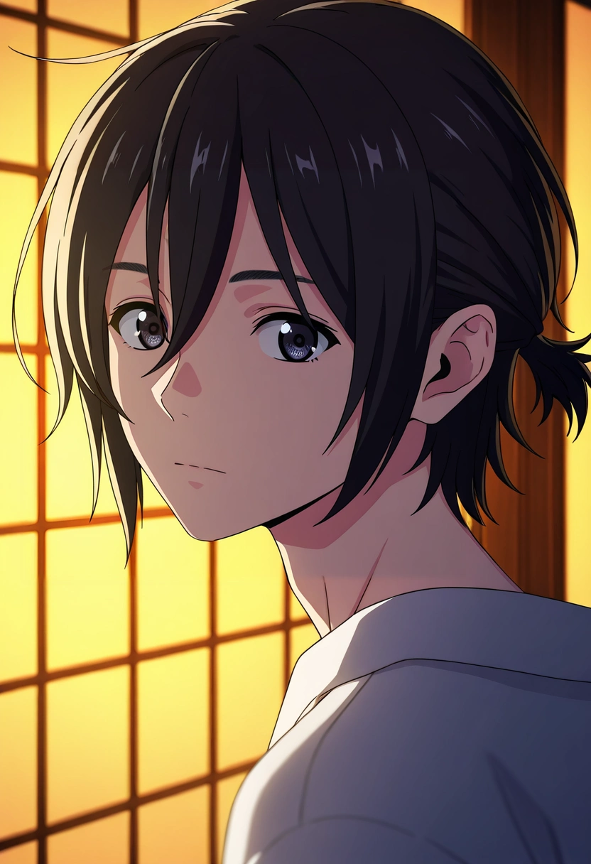 masterpiece, best quality, , (3d:0.4), looking at viewer, 1boy, solo, male focus, <lora:mio_chibana_ilxl:0.96>, mio_chibana, black hair, black eyes, short hair, hair between eyes, short ponytail,