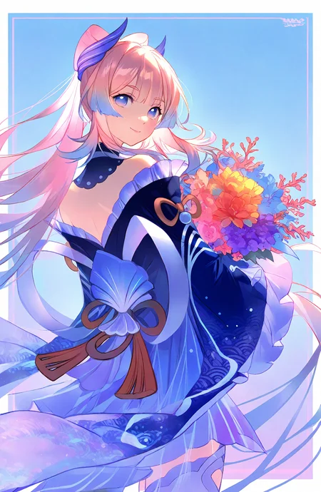 sangonomiya_kokomi, 1girl, solo, long_hair, looking_at_viewer, smile, thighhighs, holding, bare_shoulders, purple_eyes, pink_hair, flower, multicolored_hair, frills, japanese_clothes, looking_back, wide_sleeves, from_behind, frilled_sleeves, happy_birthday, bouquet, holding_bouquet, bow-shaped_hair
