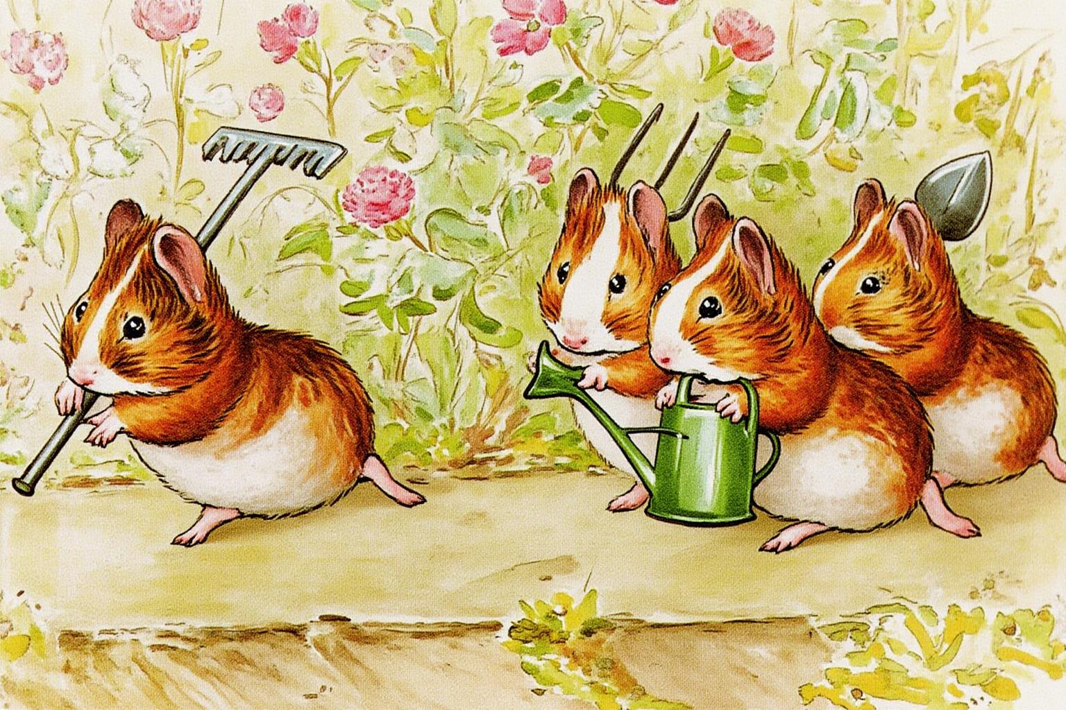 beatrixpotter1 illustration.
Four anthropomorphic guinea pigs in a garden setting. On the left is a guinea pig holding a rake. On the right are three guinea pigs. One is holding a pitchfork, another a watering can, and another one holding a shovel. The background is filled with lush greenery, including flowers and plants. The guinea pigs are positioned on a path, surrounded by foliage and blossoms. <lora:beatrixpotter1_d8a4:1.0><lora:867023466690275675:0>