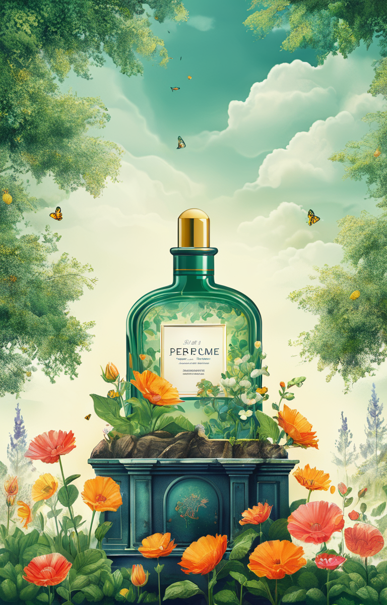 masterpiece,best quality,<lora:tbh245-sdxl:0.9>,illustration,style of Infographic A bottle of perfume in garden
