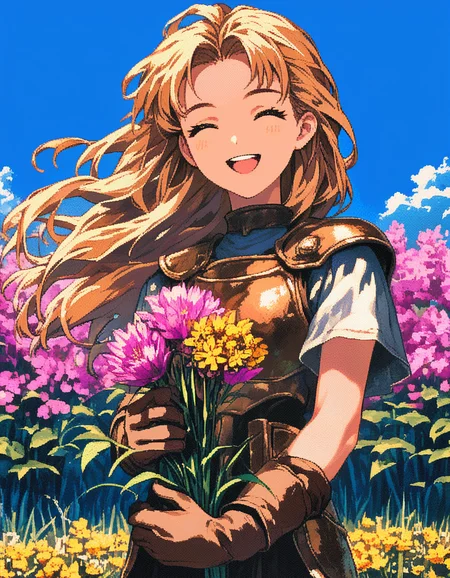 score_9, score_8_up, score_7_up, score_6_up, score_5_up, score_4_up, BREAK beautiful composition, 1girl, solo, long hair, smile, open mouth, gloves, holding, upper body, closed eyes, flower, short sleeves, :d, outdoors, teeth, sky, day, cloud, armor, blue sky, upper teeth only, floating hair, pink flower, brown gloves, yellow flower, holding flower, field, flower field