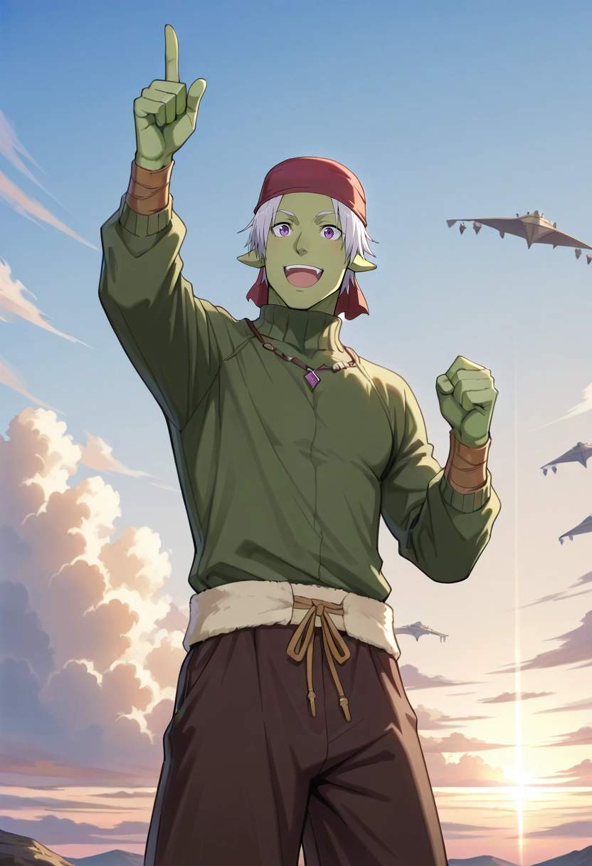 masterpiece, best quality, intricate details, semi-realistic,, 1boy, solo, male focus, <lora:rigur_tensura_ilxl:0.98>, rigur_tensura, grey hair, purple eyes, pointy ears, colored skin, green skin, goblin, bandana, , sky whale pod, floating islands, cloud formations, observation point, pointing up, excited expression, golden hour, Cargo swim trunks, DeepTurquoise Poplin Turtleneck sweater, , ,