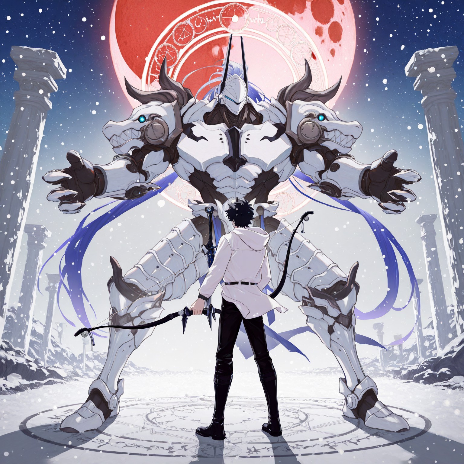 2boys, gay, yaoi, human x robot, interspecies, size difference, contrasting builds, full body, perfect anatomy, easynegative, clear eyes, BREAK 

[1boy, m1namoto_n0_tametom0, robot, helmet, long blue hair, ponytail, white armor, halfskirt, bow_(weapon)], BREAK

[1boy, Ritsuka_Fujimaru, (Human), twink, pale skin, short hair, black hair, turquoise eyes, (glasses), dagger, spellbook, white and black hooded robe, black boots], BREAK

Barren plains, night, blood moon, smile, combat pose, look at each other, magic circle, glow, BREAK

masterpiece, perfect quality, best quality, perfect anatomy, absolutely eye-catching, homoerotic, BREAK

((4k,8k,Ultra HD)),((Masterpiece :1.2)),((Best quality :1.2)),((Detailed :1.5)),((Detailed background :1.5))