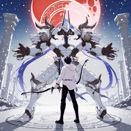 2boys, gay, yaoi, human x robot, interspecies, size difference, contrasting builds, full body, perfect anatomy, easynegative, clear eyes, BREAK 

[1boy, m1namoto_n0_tametom0, robot, helmet, long blue hair, ponytail, white armor, halfskirt, bow_(weapon)], BREAK

[1boy, Ritsuka_Fujimaru, (Human), twink, pale skin, short hair, black hair, turquoise eyes, (glasses), dagger, spellbook, white and black hooded robe, black boots], BREAK

Barren plains, night, blood moon, smile, combat pose, look at each other, magic circle, glow, BREAK

masterpiece, perfect quality, best quality, perfect anatomy, absolutely eye-catching, homoerotic, BREAK

((4k,8k,Ultra HD)),((Masterpiece :1.2)),((Best quality :1.2)),((Detailed :1.5)),((Detailed background :1.5))