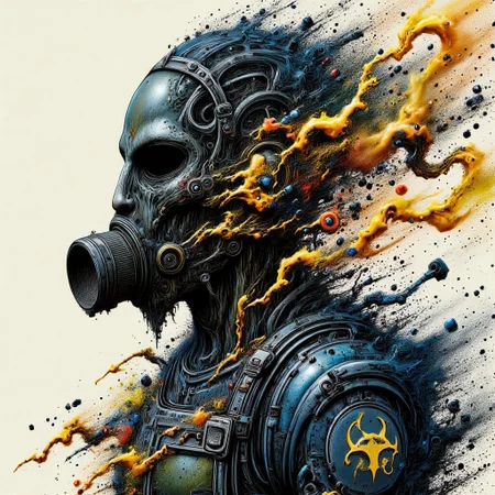 Zombie soldier wearing a biohazard gas mask, black and gold filigree, navy and gold vapor swirls, details in details