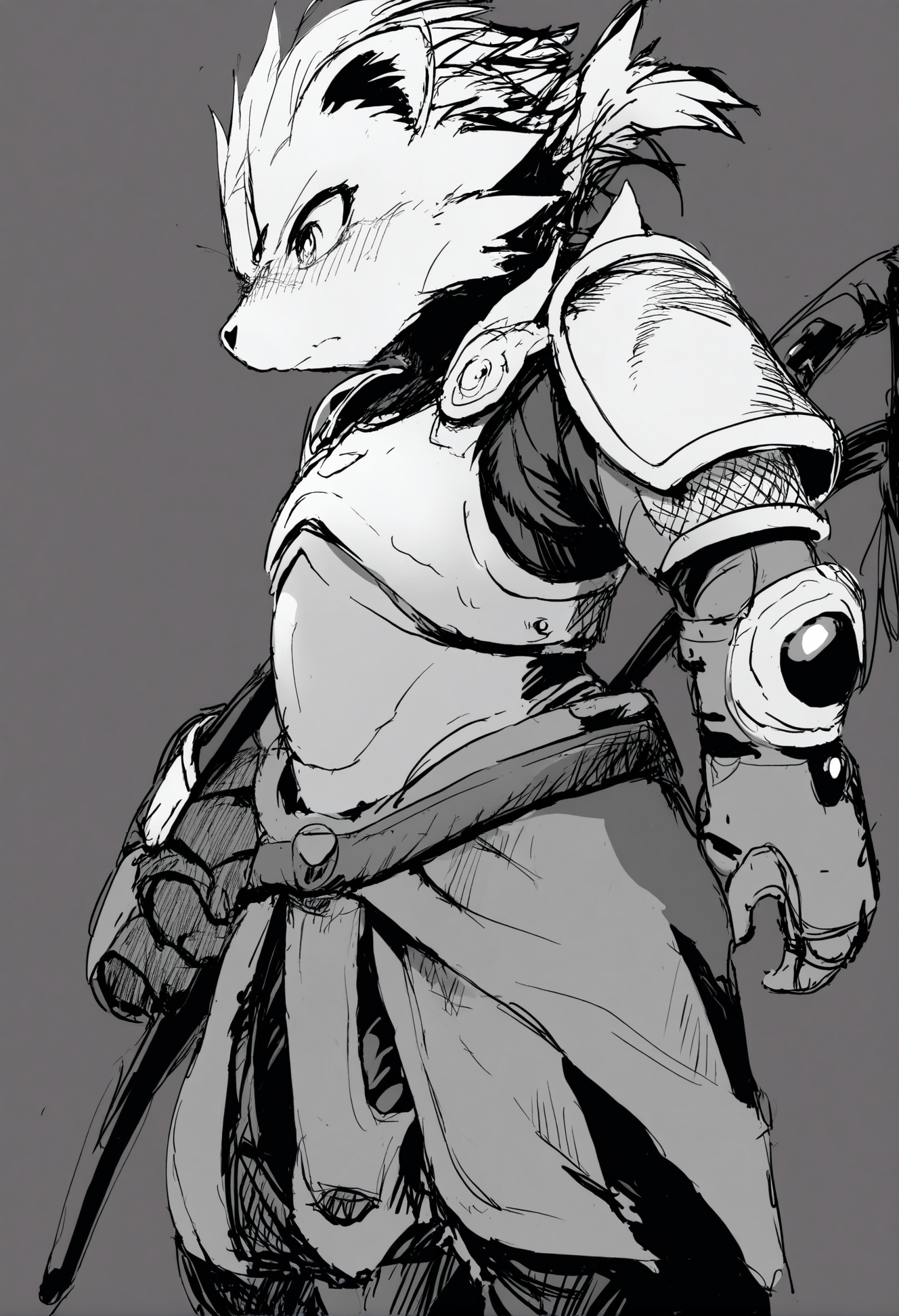 masterpiece, hyper detailed, best quality,(furry:1.3),weapon, monochrome, solo  , sketch, 1boy, greyscale, male focus, white background, armor, simple background, standing  ,<lora:DAGASIXLlokr8f-000188:0.95>