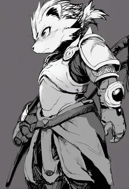masterpiece, hyper detailed, best quality,(furry:1.3),weapon, monochrome, solo , sketch, 1boy, greyscale, male focus, white background, armor, simple background, standing ,<lora:DAGASIXLlokr8f-000188:0.95>