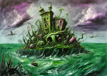 corcoc2s caricart a lonely island in a green stormy sea, purple cloudy sky, strange creatures and buildings, strange vegetation, enigmatically cinematic, very detailed, surreal, expressive
<lora:corcoc2s:1> <lora:caricart:1>