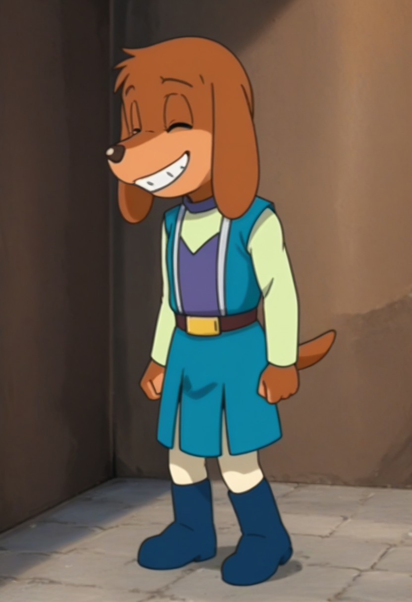 looking at viewer, body fur, dog, dog boy, furry, 1boy, solo, furry male, male focus, brown hair, animal ears, dog ears, black eyes, animal nose, shirt, vest, long sleeves, belt, tail, dog tail, boots, blue footwear, full body, grin, closed eyes, high quality