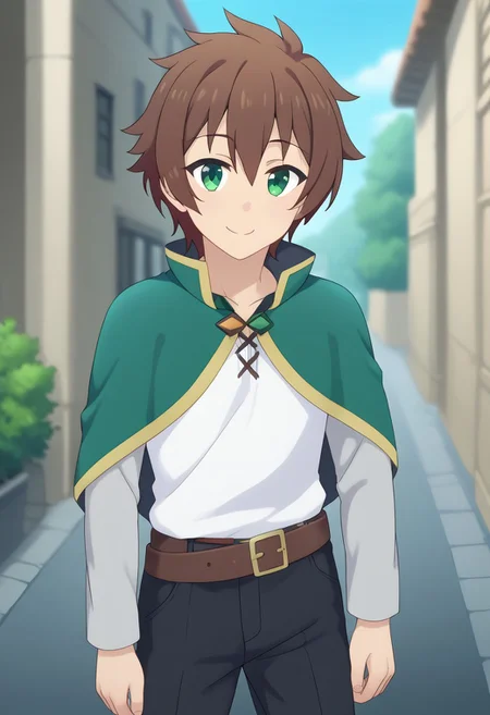 1boy, solo, kazuma satou, short hair, brown hair, green eyes, male focus, outdoors, street, looking at viewer, standing, smile, closed mouth, posing, contrapposto, score_9, score_8_up, score_7_up, score_6_up, score_5_up, score_4_up, BREAK source_anime, masterpiece, perfect anatomy, perfect composition, perfect hand, (beautiful detailed eyes:1), (soft colors), uncensored, Expressiveh, shirt, long sleeves, white shirt, belt, pants, capelet, brown belt