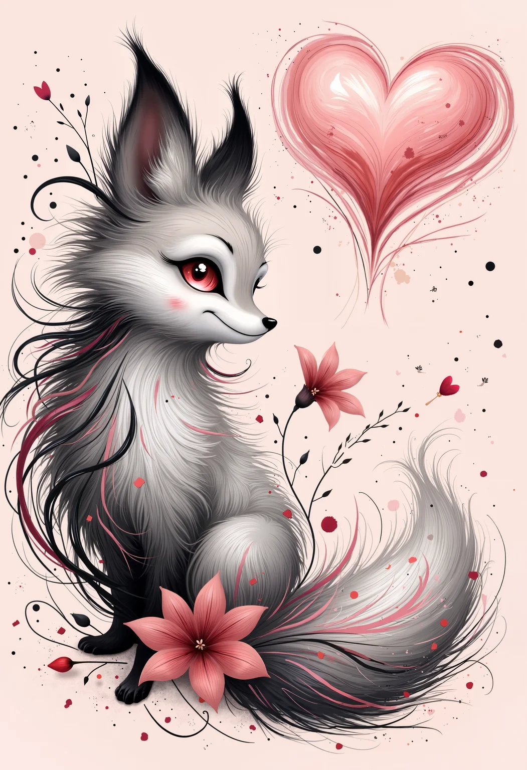 bo-romance, a digital drawing in a whimsical, artistic style, it features a close-up of a fox's head and upper body, with its fur in shades of gray and black, and its eyes are a striking, vivid red, giving it a mystical and otherworldly appearance, the fox's fur is intricately detailed, with swirls and curves that create a sense of movement and energy, the background is a soft, pastel pink, with subtle splashes of black and white, enhancing the dreamy and ethereal atmosphere, to the right of the fox, there is a large, pink heart with a delicate, flowing texture, adding a romantic and whimsical touch, a single pink flower sits delicately in the foreground, adding to the romantic and dreamy theme, the overall color palette is dominated by soft, muted tones, with the fox and flower standing out against the muted background, the texture of the drawing is smooth and polished, with a subtle shading technique that enhances the realism and depth of the image<lora:boFLUX Romance Abyss.safetensors:1.0:1.0>