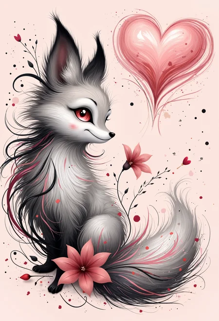 bo-romance, a digital drawing in a whimsical, artistic style, it features a close-up of a fox's head and upper body, with its fur in shades of gray and black, and its eyes are a striking, vivid red, giving it a mystical and otherworldly appearance, the fox's fur is intricately detailed, with swirls and curves that create a sense of movement and energy, the background is a soft, pastel pink, with subtle splashes of black and white, enhancing the dreamy and ethereal atmosphere, to the right of the fox, there is a large, pink heart with a delicate, flowing texture, adding a romantic and whimsical touch, a single pink flower sits delicately in the foreground, adding to the romantic and dreamy theme, the overall color palette is dominated by soft, muted tones, with the fox and flower standing out against the muted background, the texture of the drawing is smooth and polished, with a subtle shading technique that enhances the realism and depth of the image<lora:boFLUX Romance Abyss.safetensors:1.0:1.0>