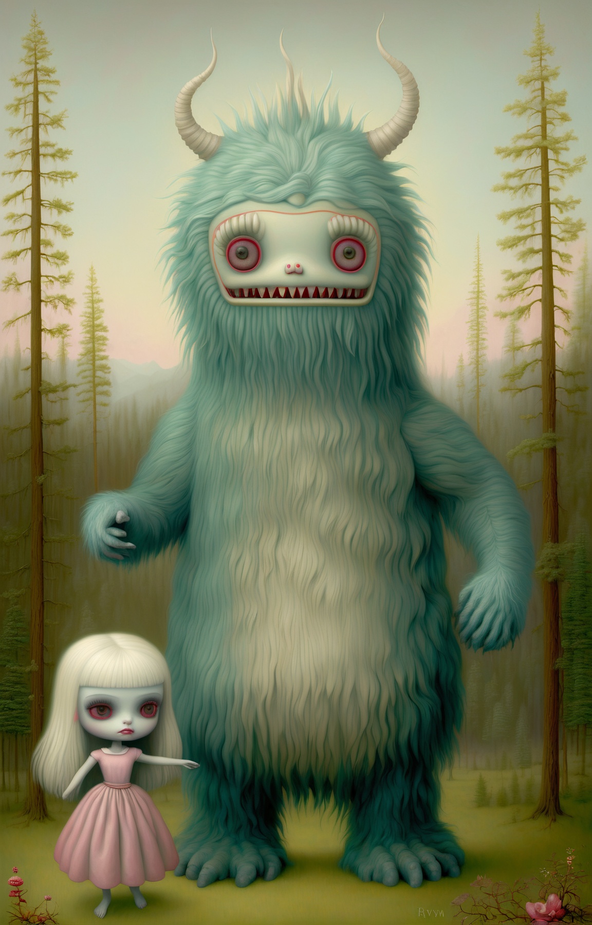 triadic colors, children story book, illustration, concept art, a beautiful french woman,  hazel eyes, platinum blonde medium hair, shares a magical bond with her fluffy friendly monster, (art by Mark Ryden:1.2), <lora:Mark_Ryden:1>